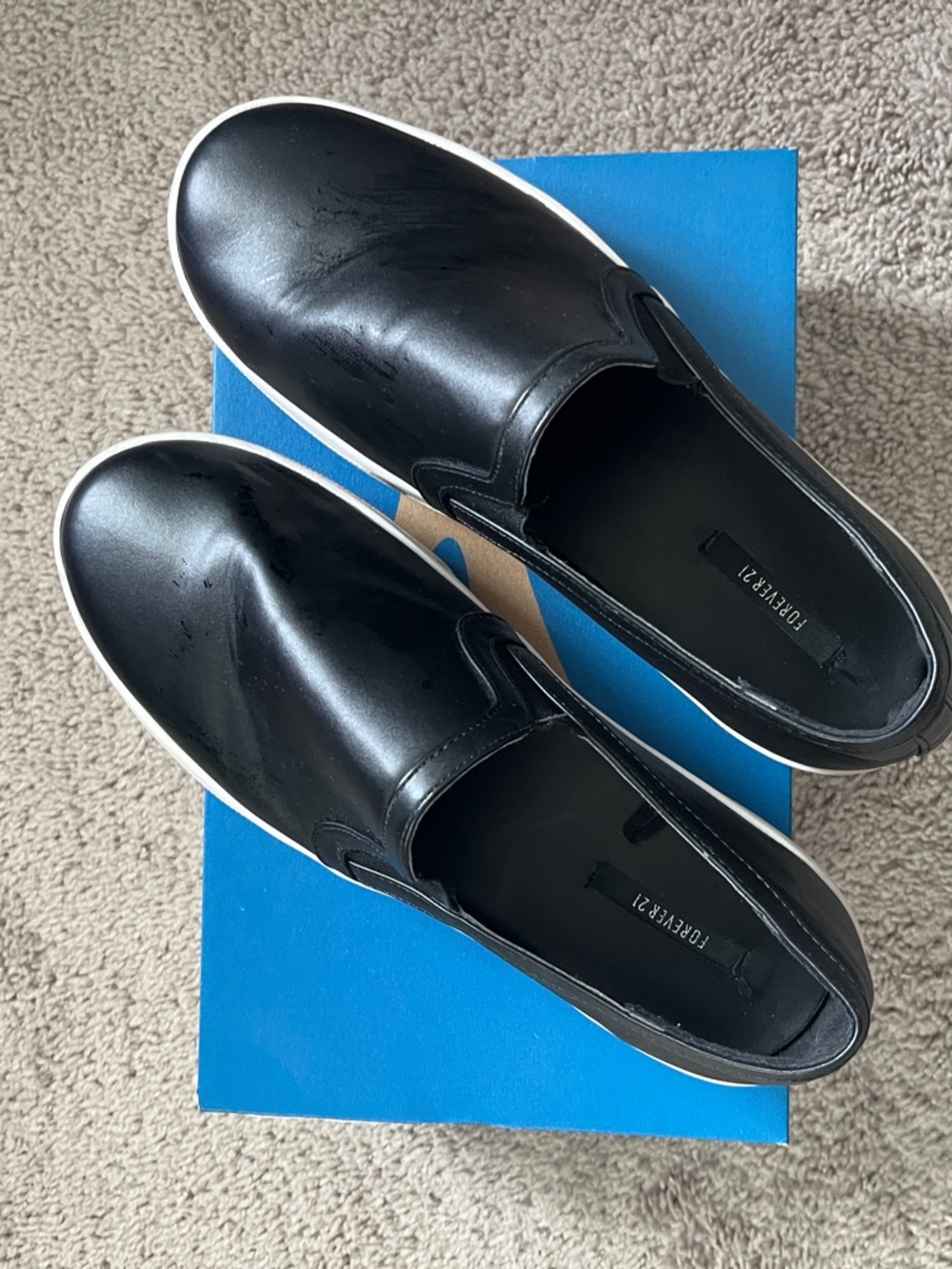 Forever 21 Black Slip-On Leather-Style Loafers with White Sole